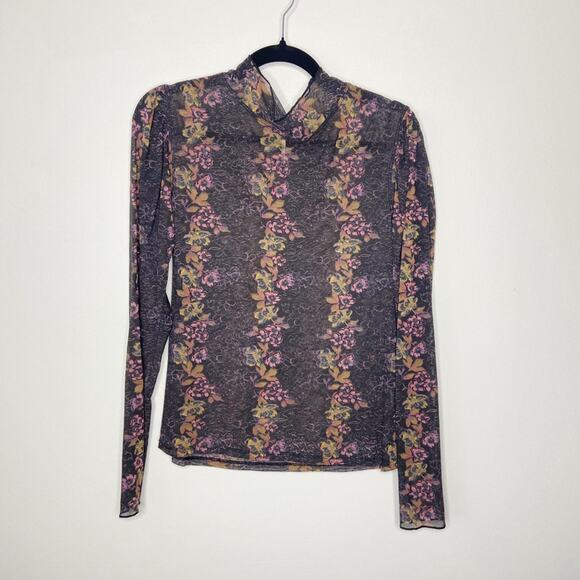 Free People Amber Black Mesh Fitted Mock Neck Blouse Size Large - Picture 1 of 3